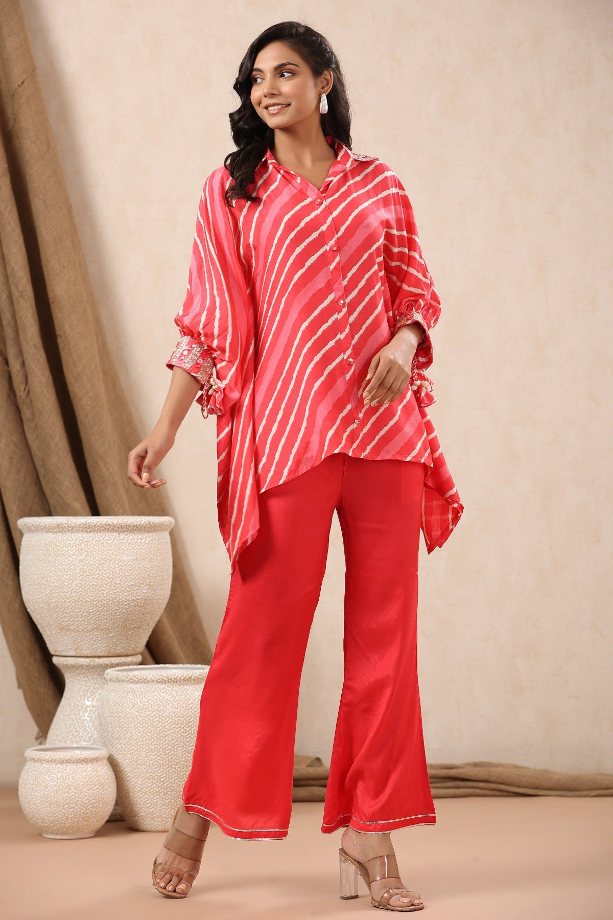 Pink Lehariya Kaftan Set