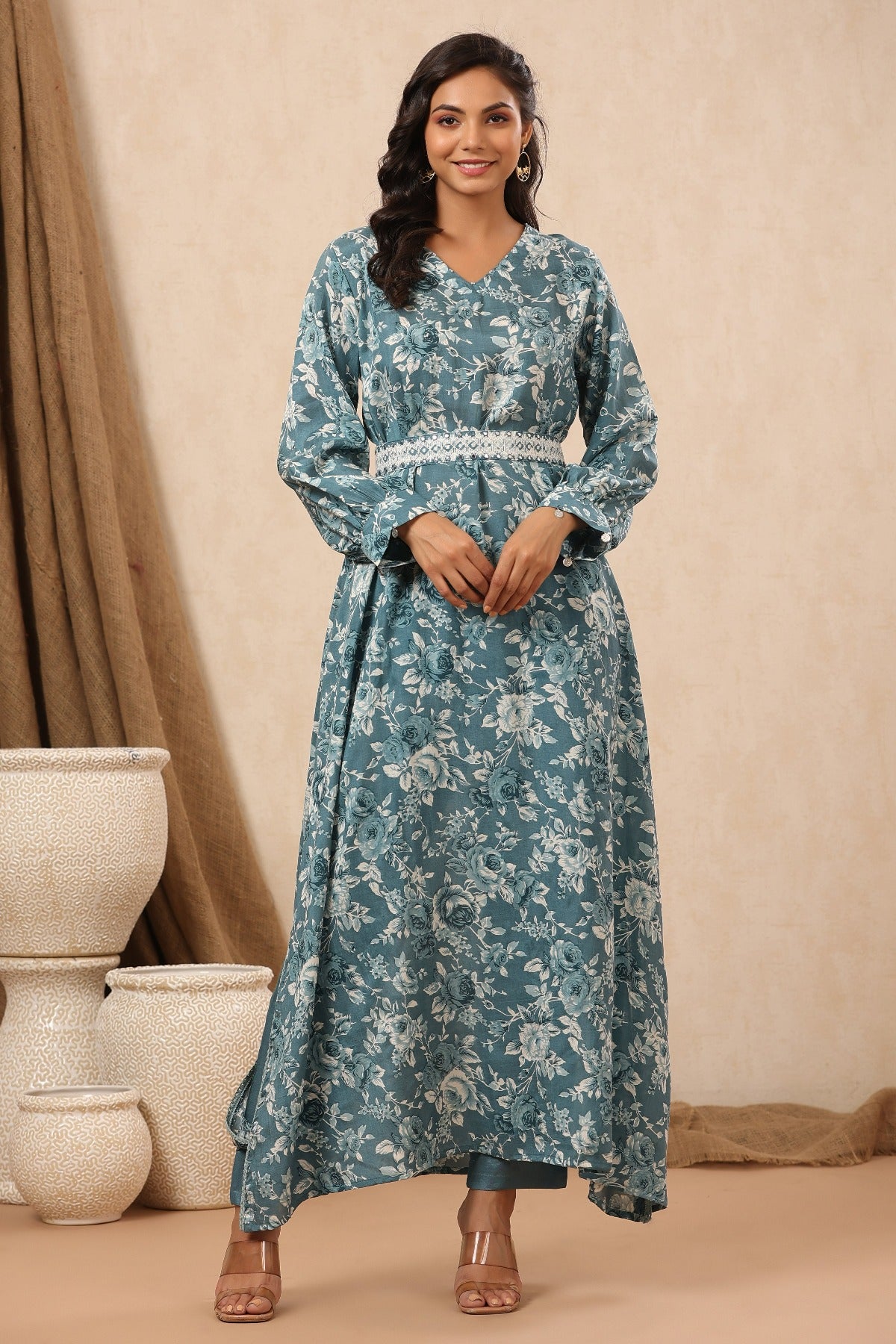 Blue Printed Long Kurta Pant Set