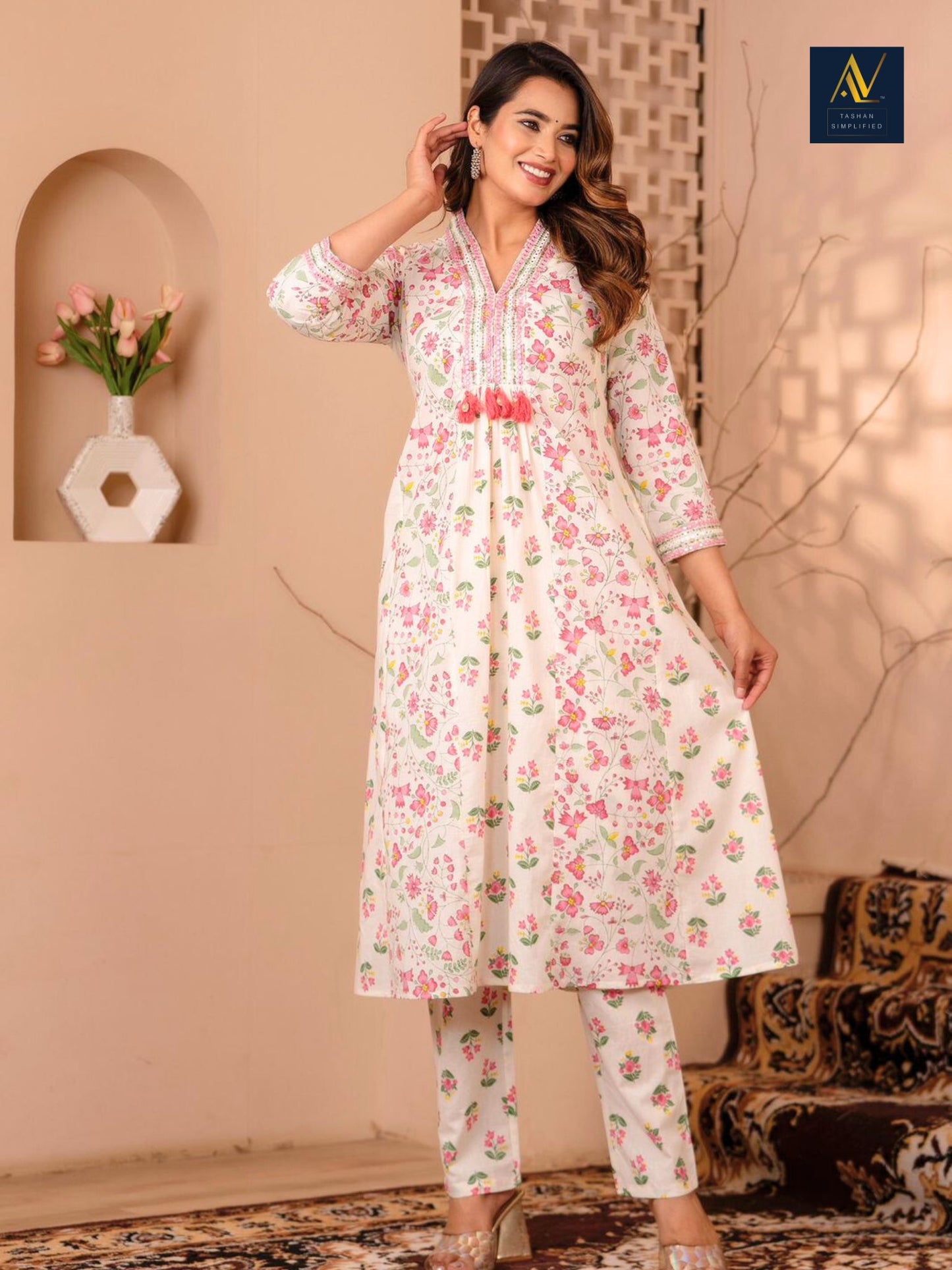 White Printed A Line Kurta Dupatta Pant Set