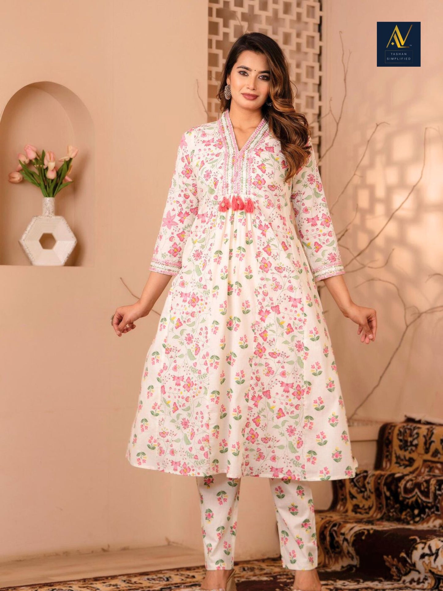 White Printed A Line Kurta Dupatta Pant Set