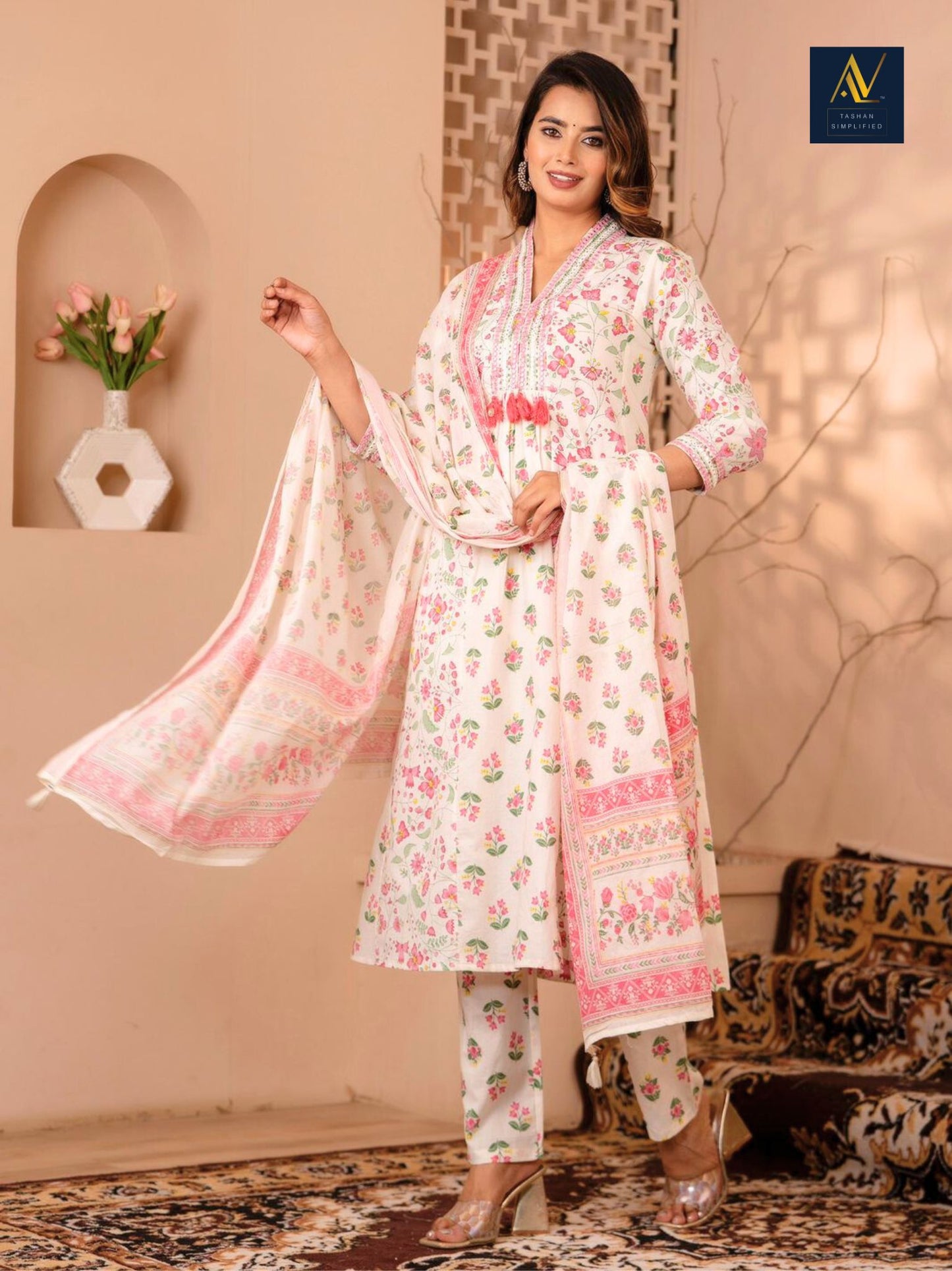 White Printed A Line Kurta Dupatta Pant Set