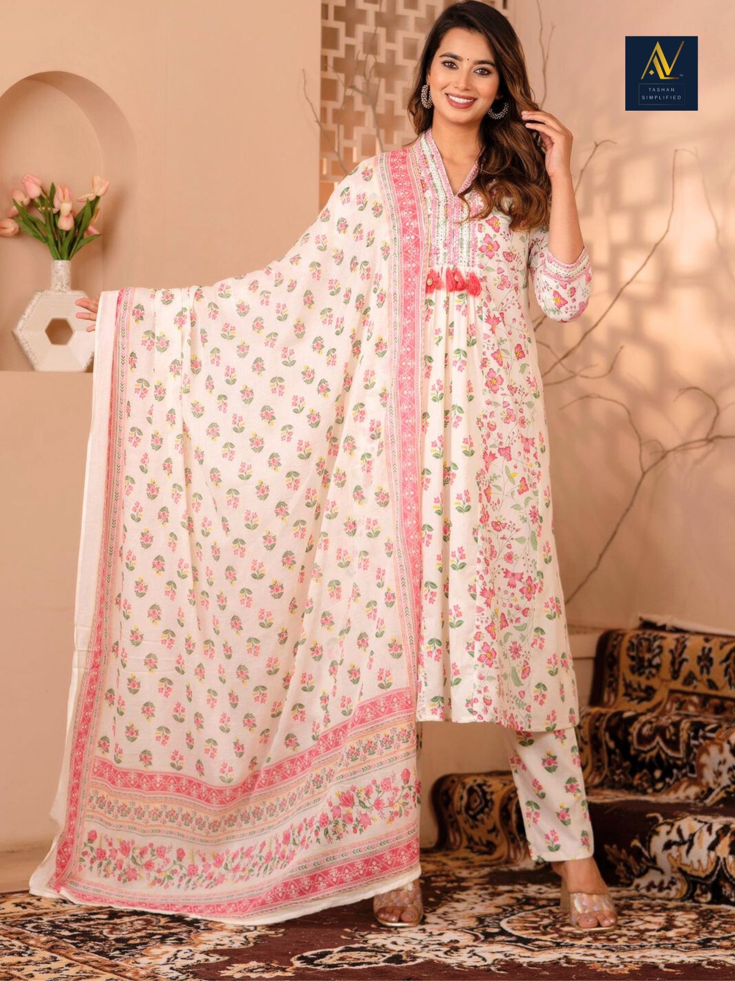 White Printed A Line Kurta Dupatta Pant Set