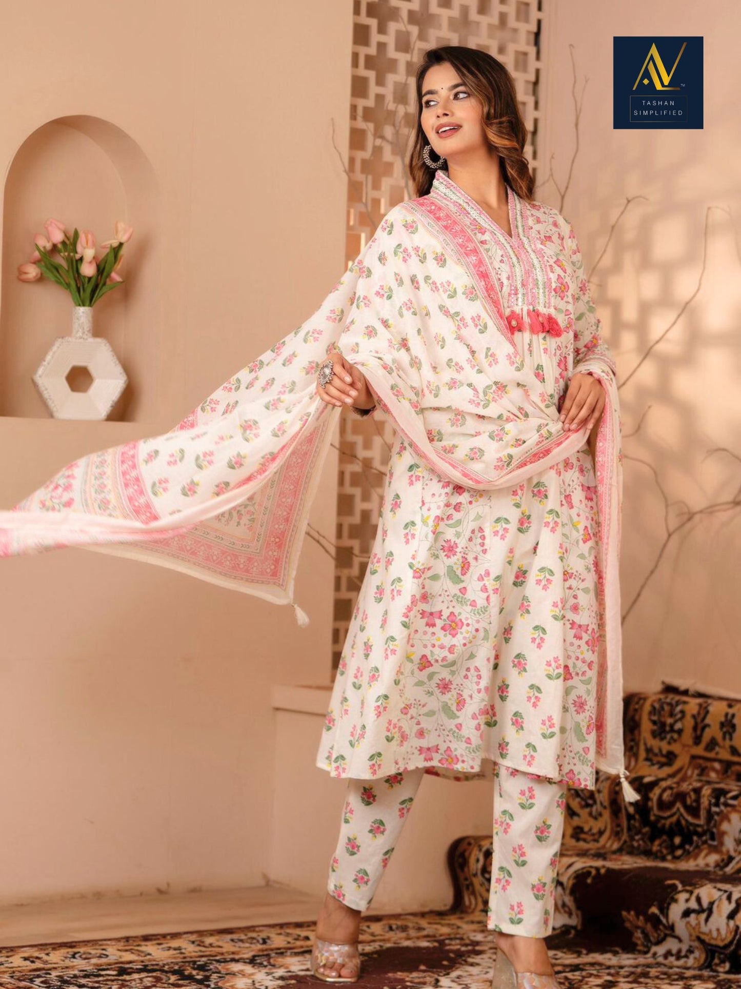 White Printed A Line Kurta Dupatta Pant Set