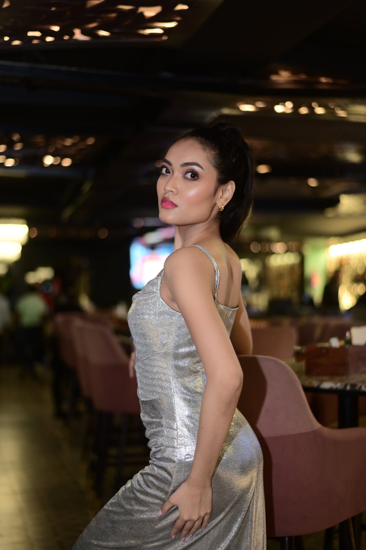 Metalic Silver Cowl Neck Maxi Dress