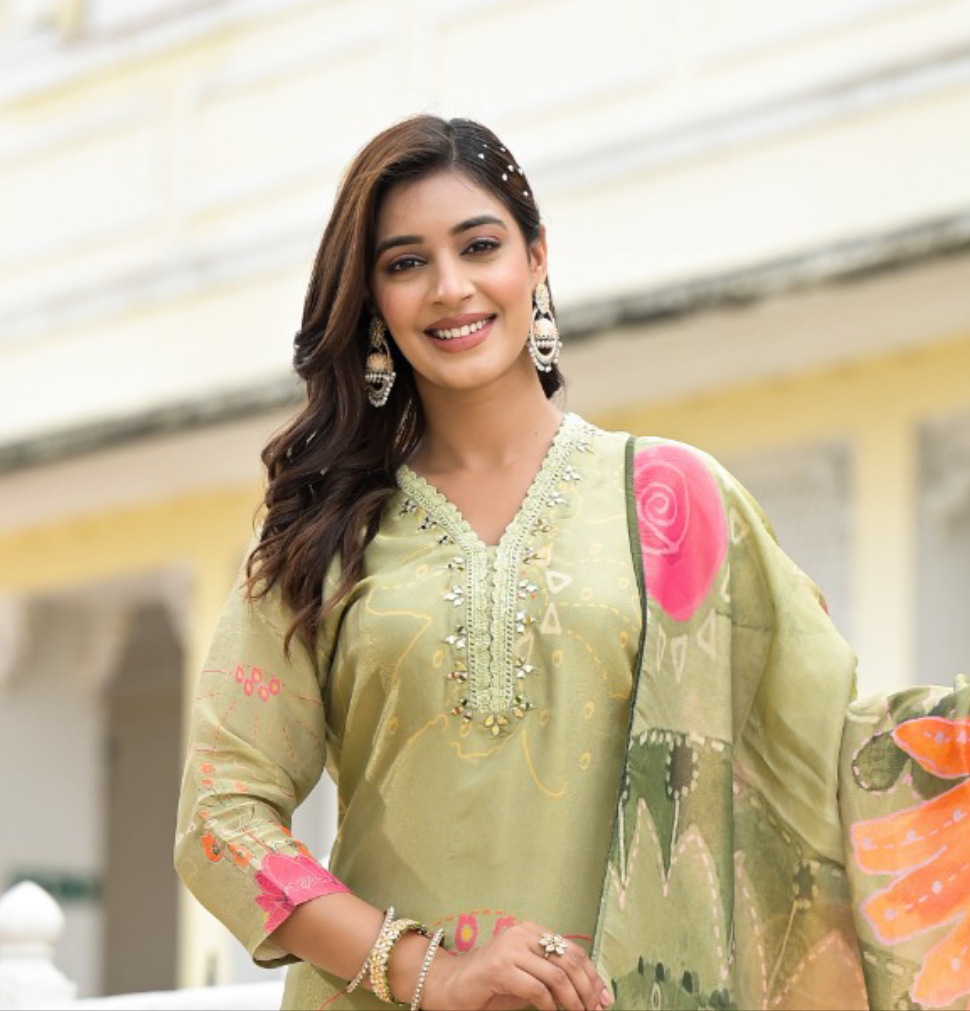 Tissue Shimmer Green Kurta Set