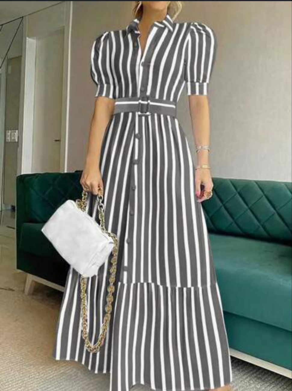 Striped Bubble Sleeve Belted Shirt Dress