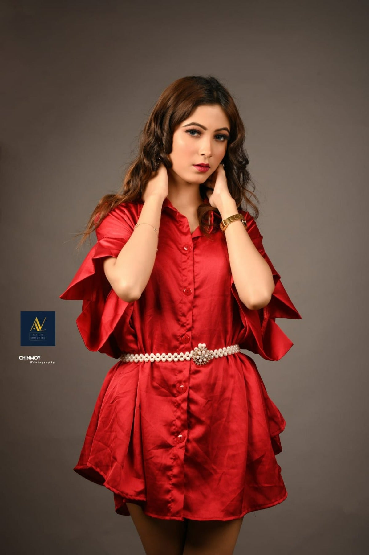 Red Satin Shirt Dress ALN