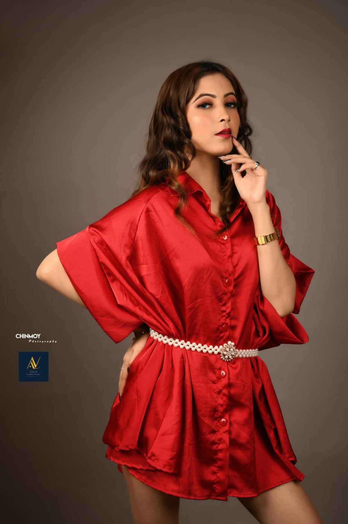 Red Satin Shirt Dress