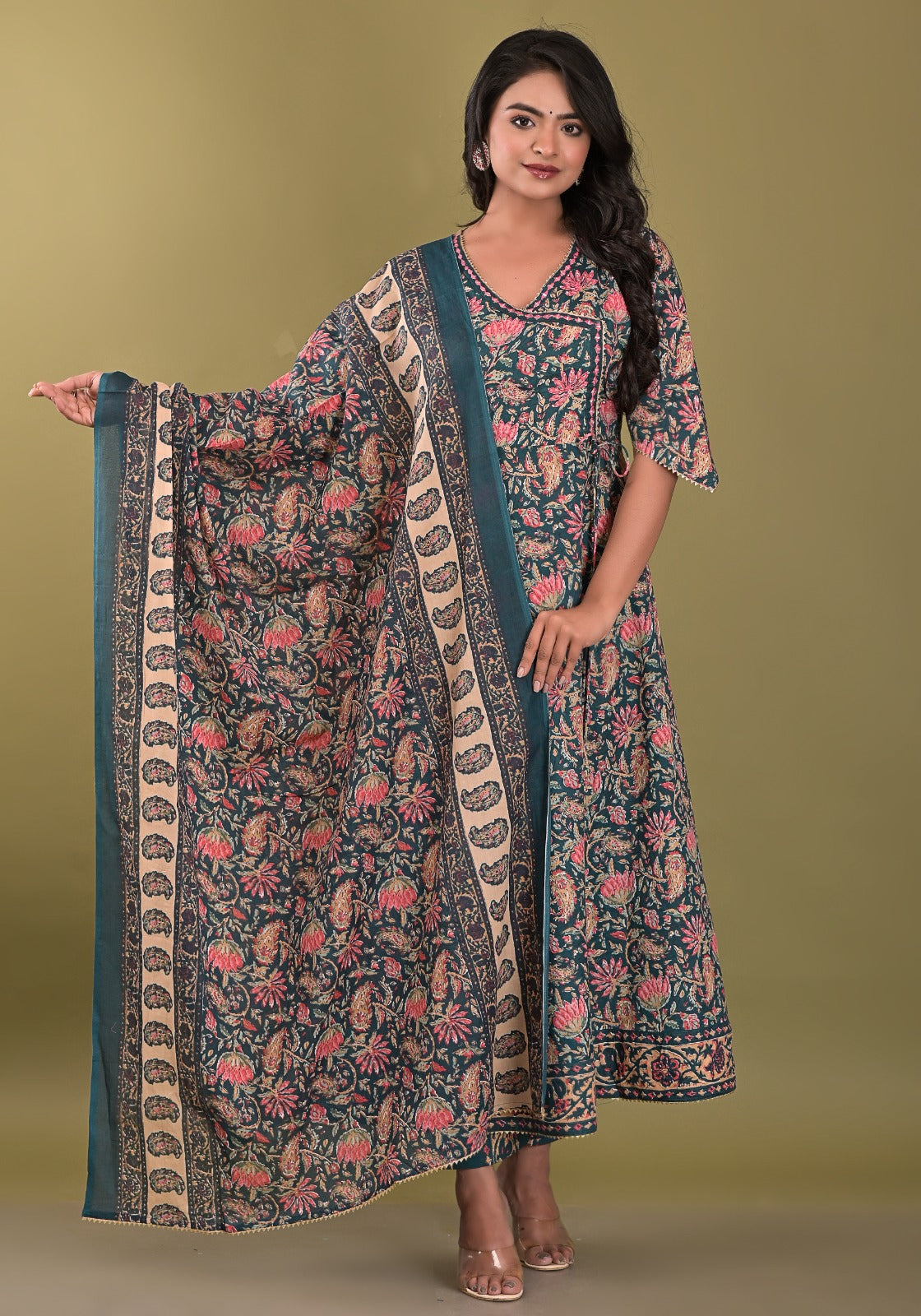 Green Printed Angrakha Style Kurta Pant Dupatta Set