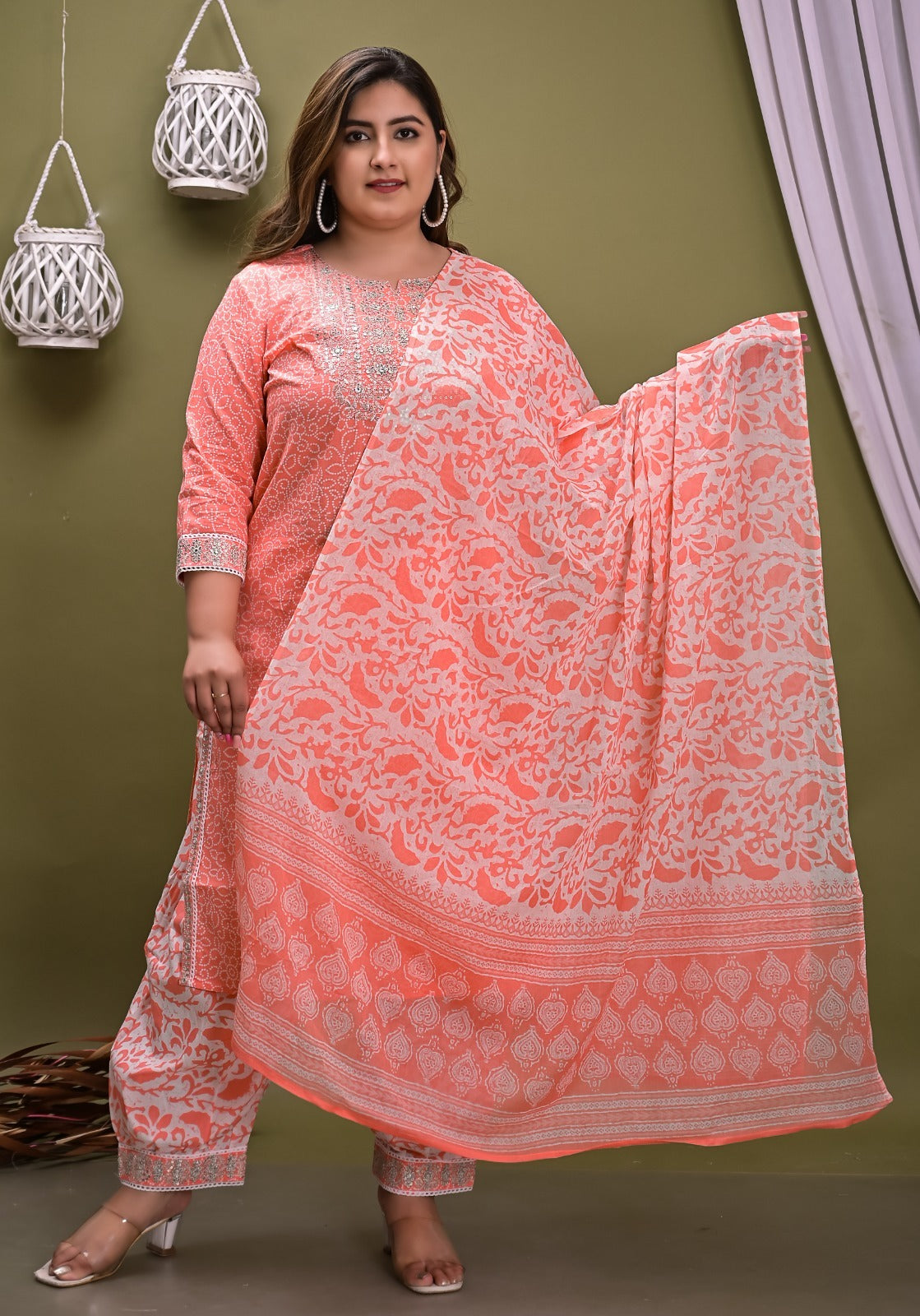 Orange Kurta Pant Dupatta set Plus Size