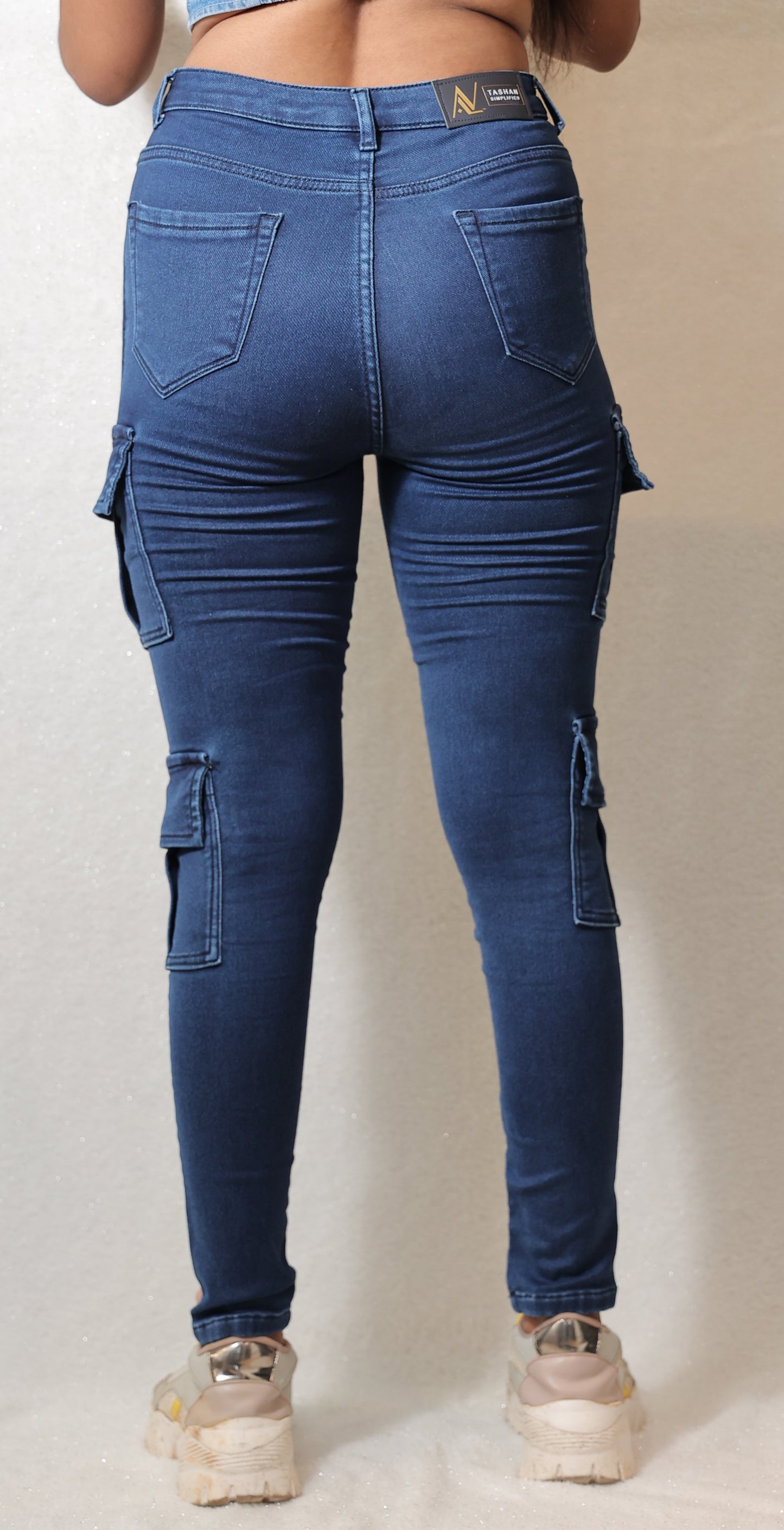 High Rise Dark Skinny Cargo Jeans backside