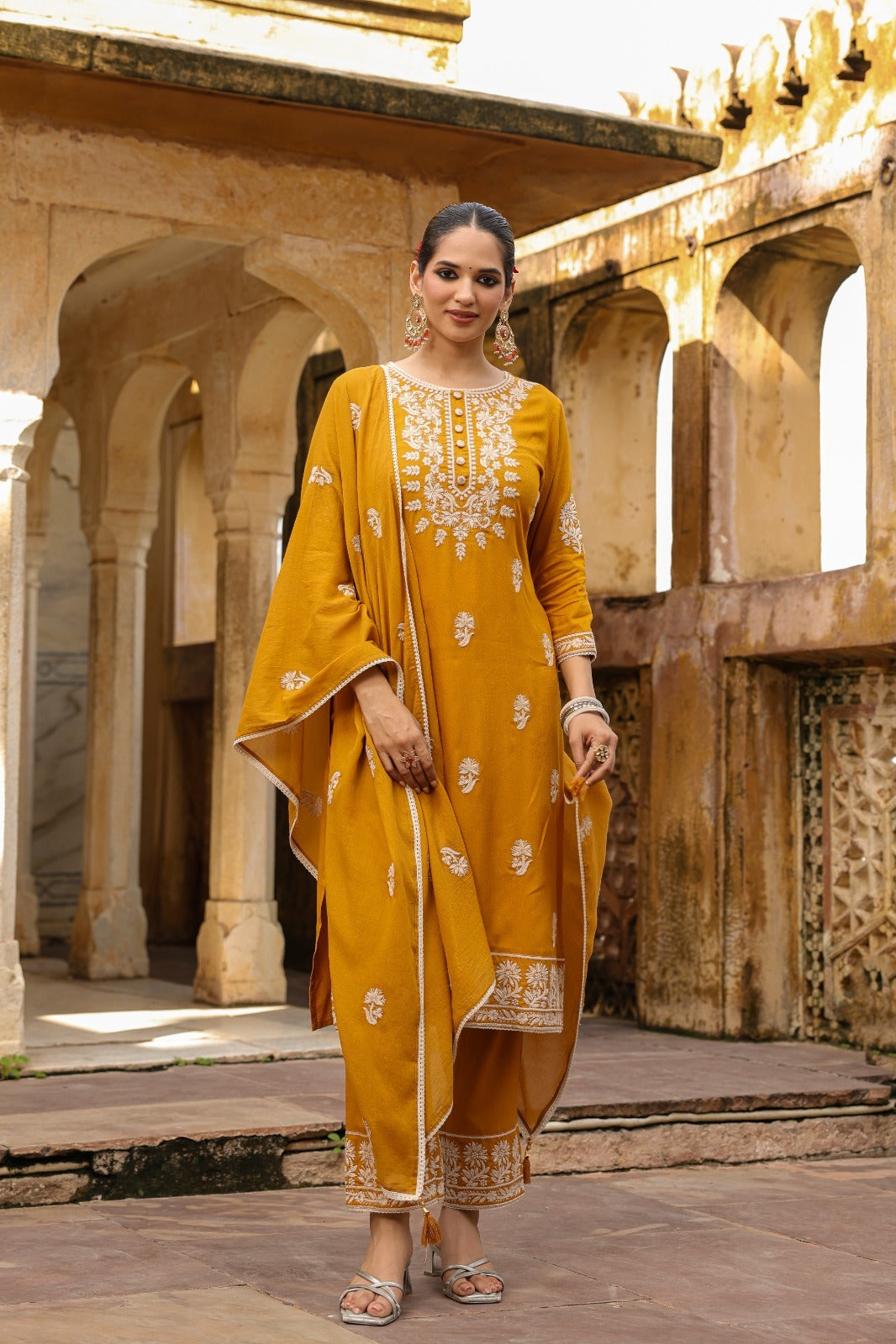 Mustard Rayon Hand Work Kurta Dupatta Pant Set