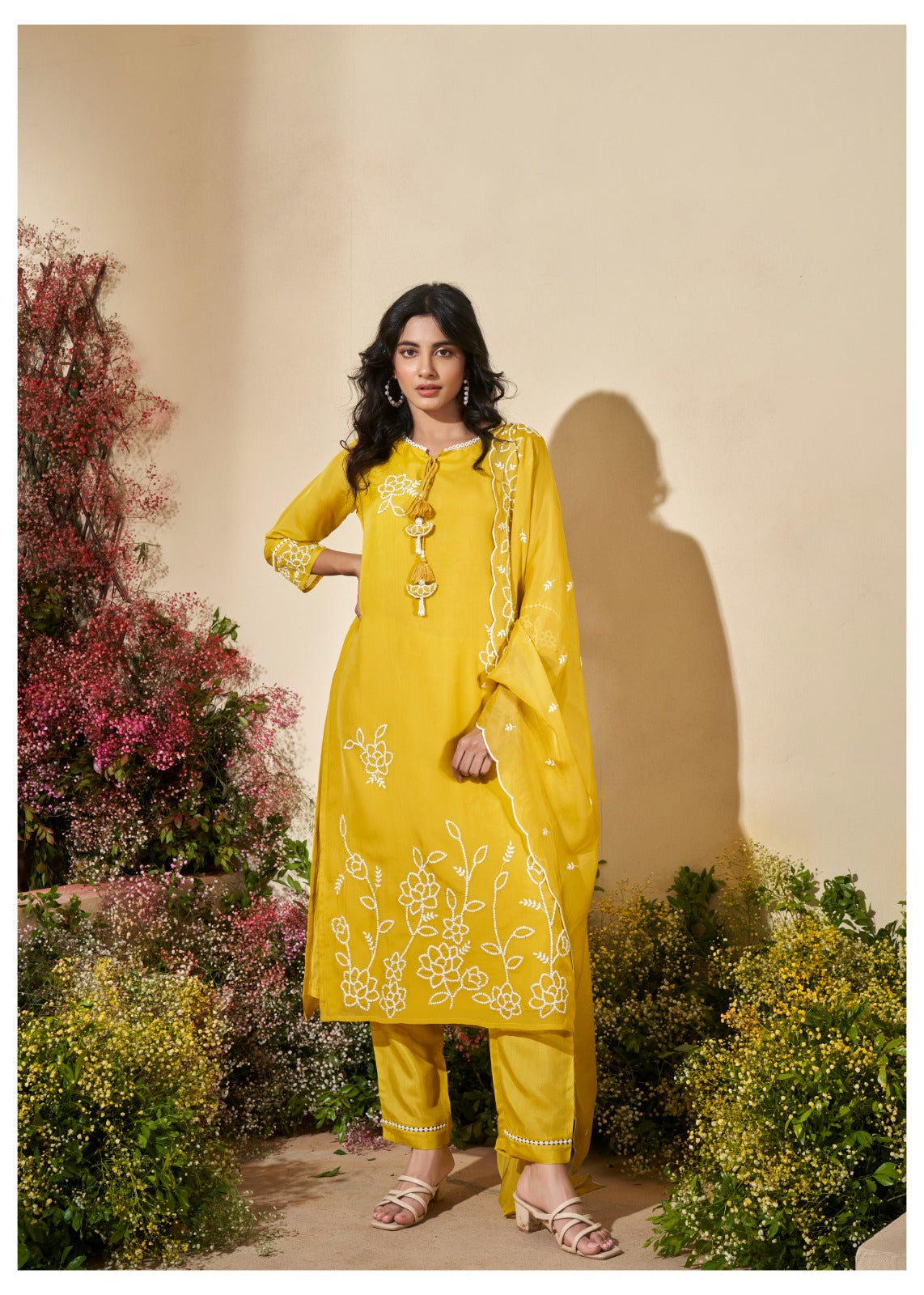 Yellow Viscose Partywear Kurta Dupatta Pant Set