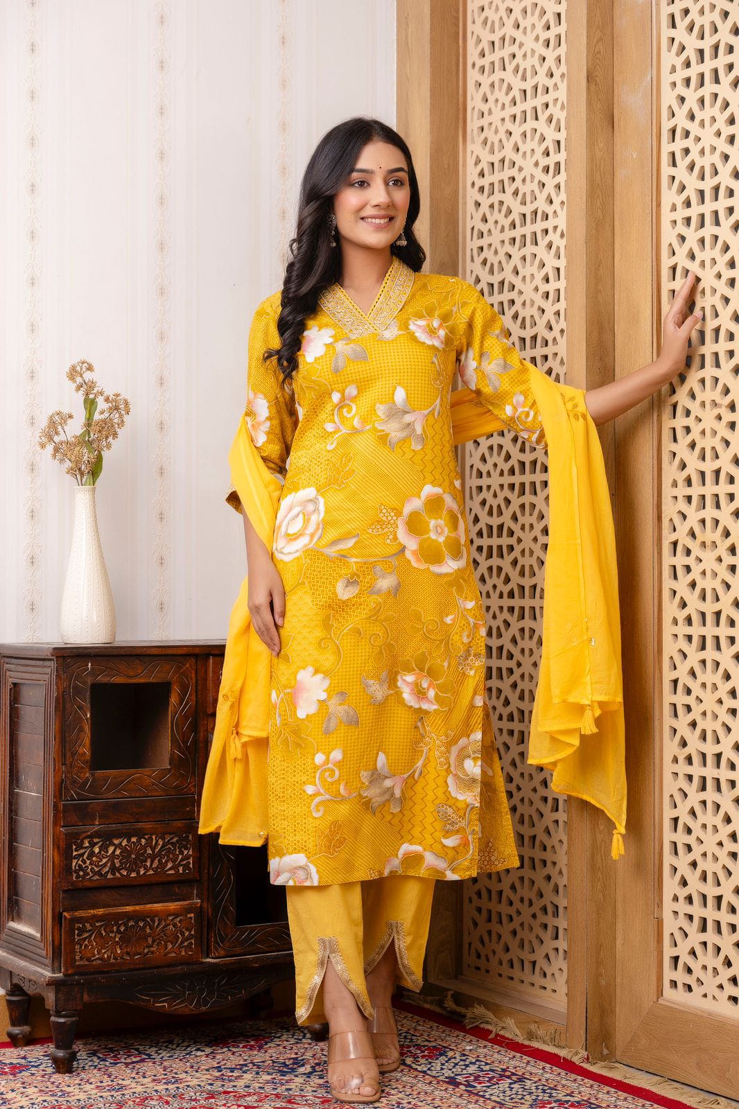 Yellow V neck Hand work Kurta Dupatta with Designer Pants Set