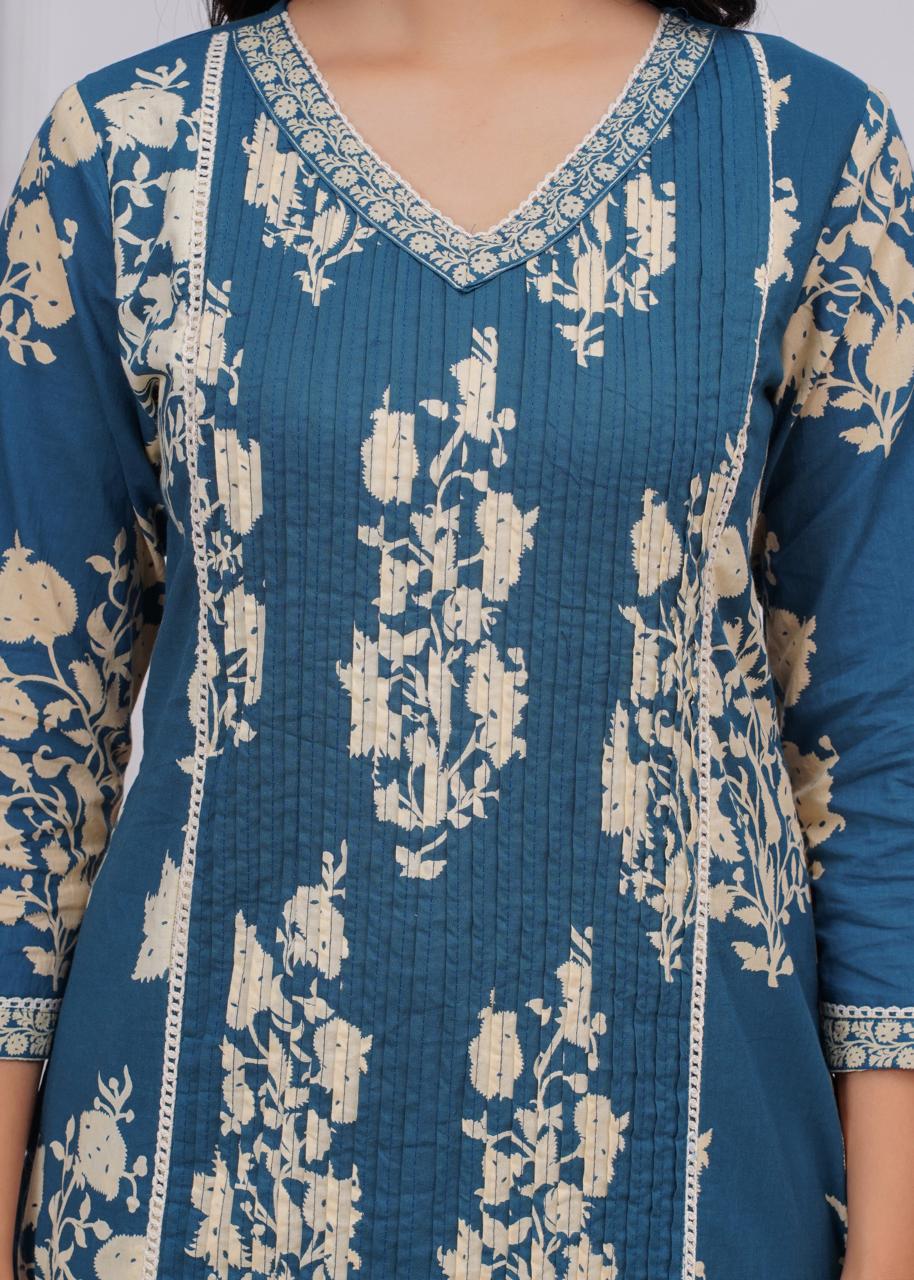 Blue Printed Pintex Cotton Kurta Dupatta Pant set