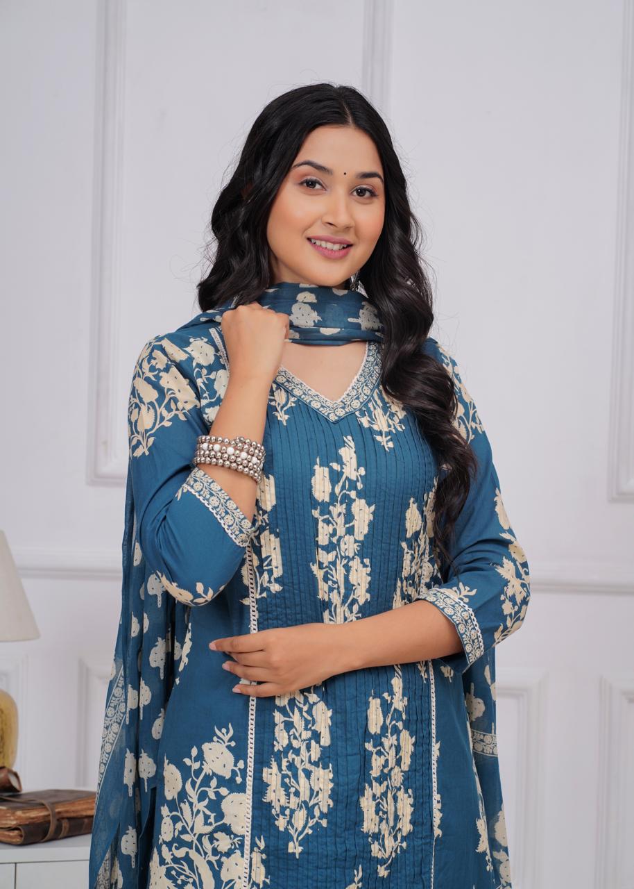 Blue Printed Pintex Cotton Kurta Dupatta Pant set
