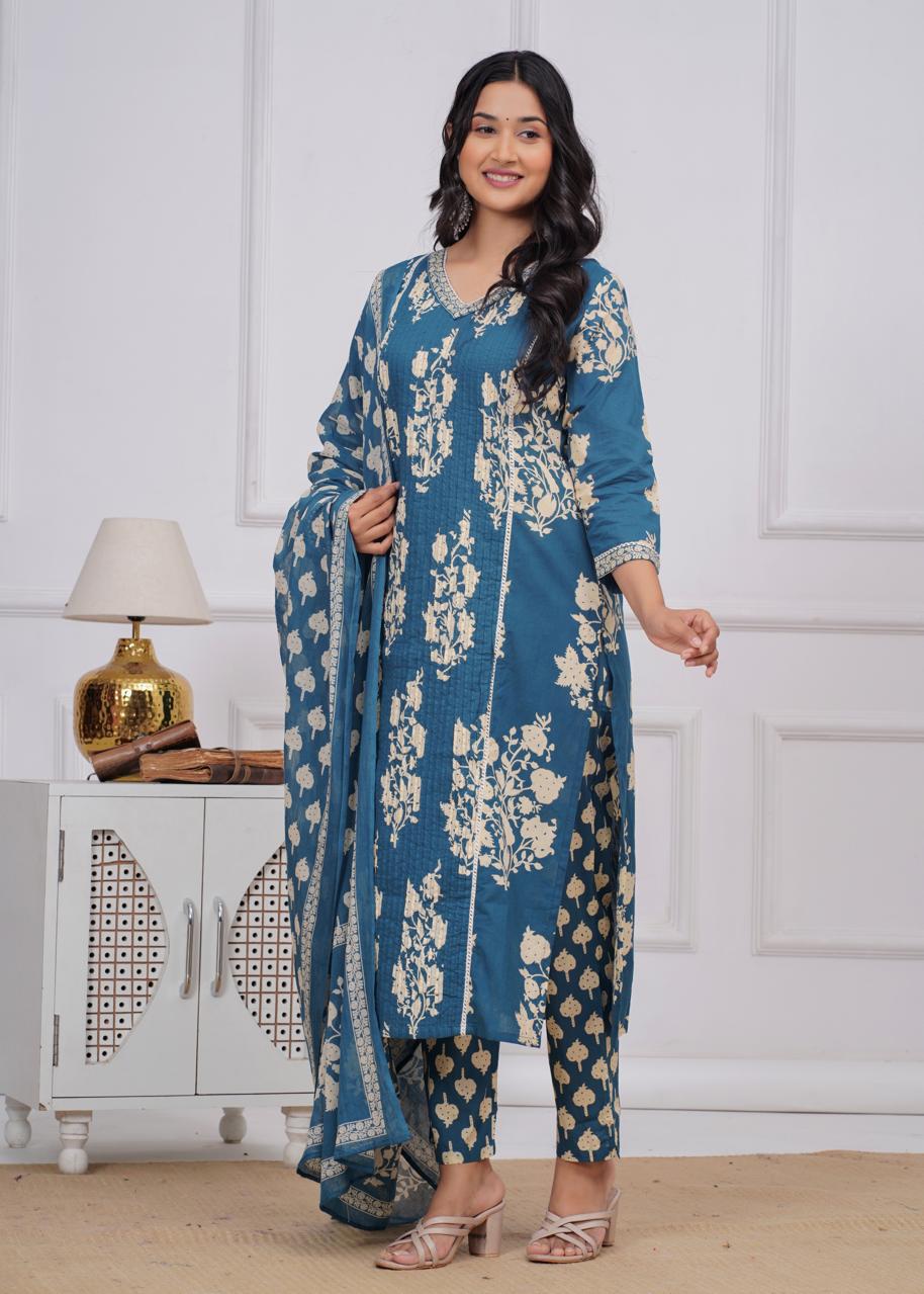 Blue Printed Pintex Cotton Kurta Dupatta Pant set