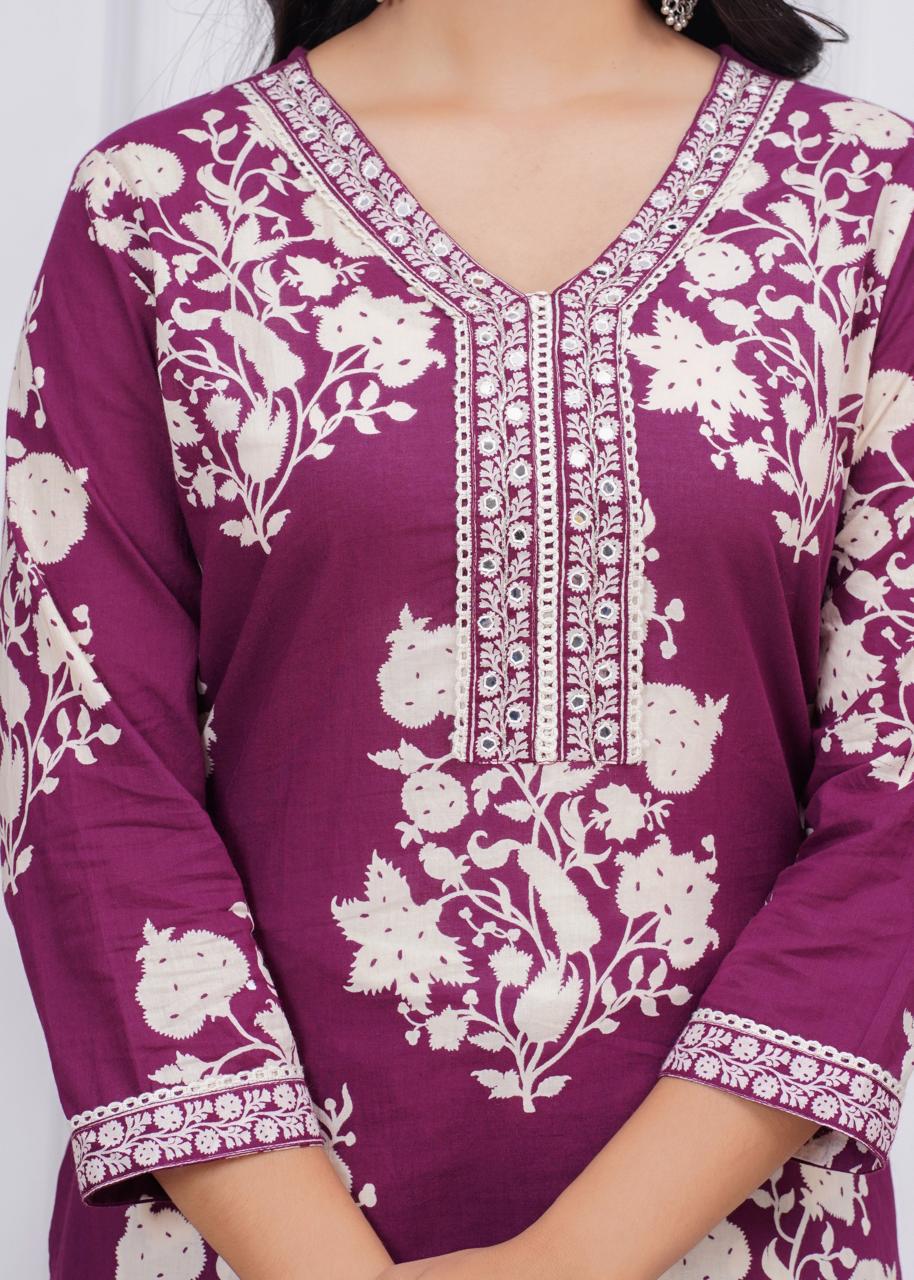 Wine Colour Printed Kurta Dupatta Pant Set