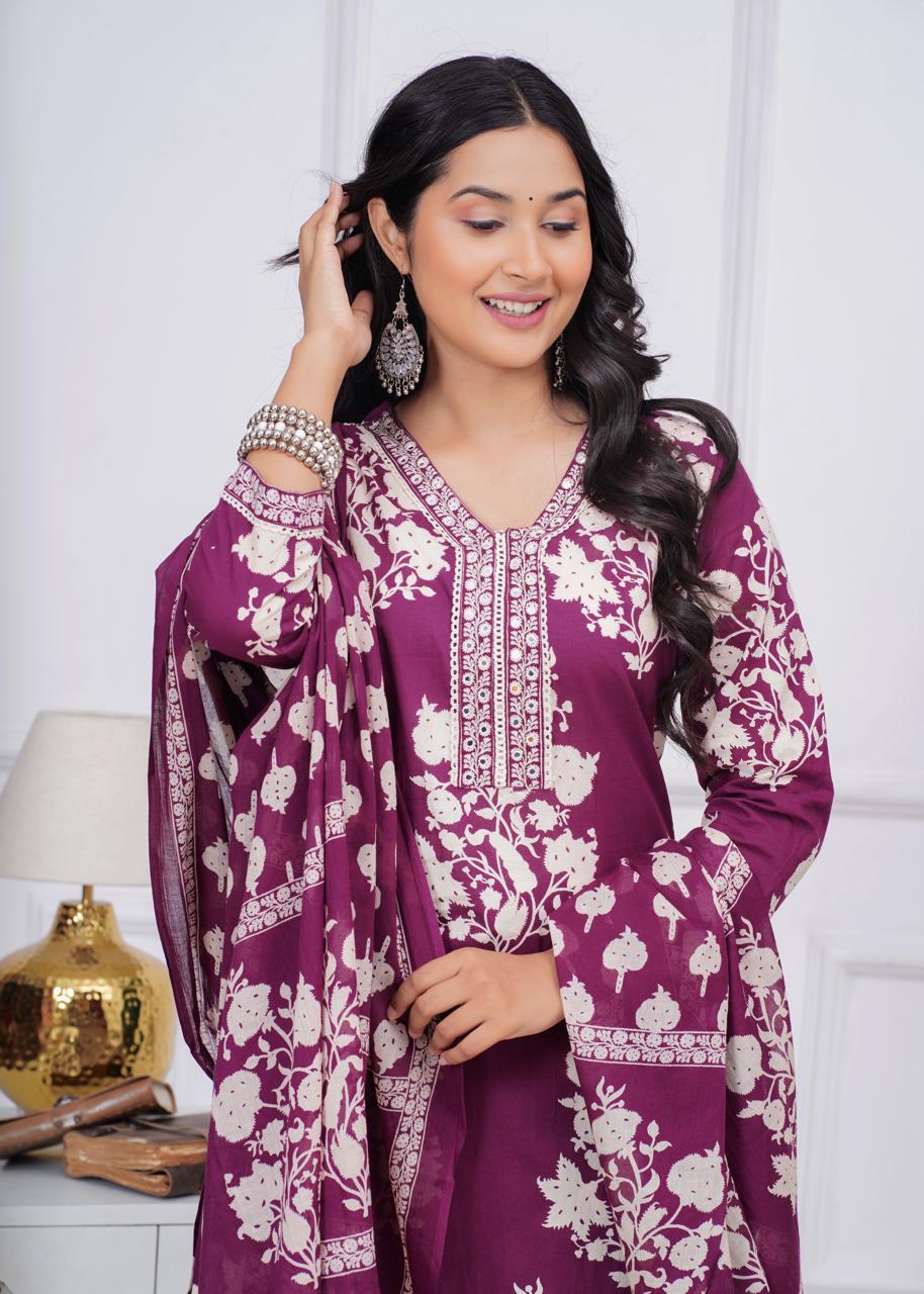 Wine Colour Printed Kurta Dupatta Pant Set