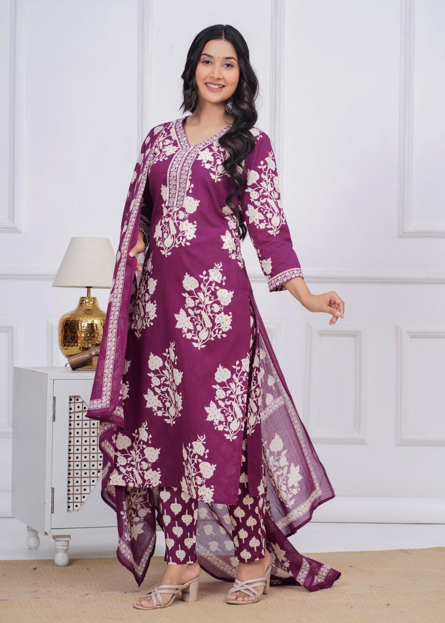 Wine Colour Printed Kurta Dupatta Pant Set