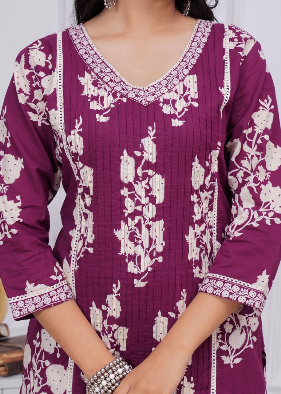 Wine Colour Printed Kurta Dupatta Pant Set
