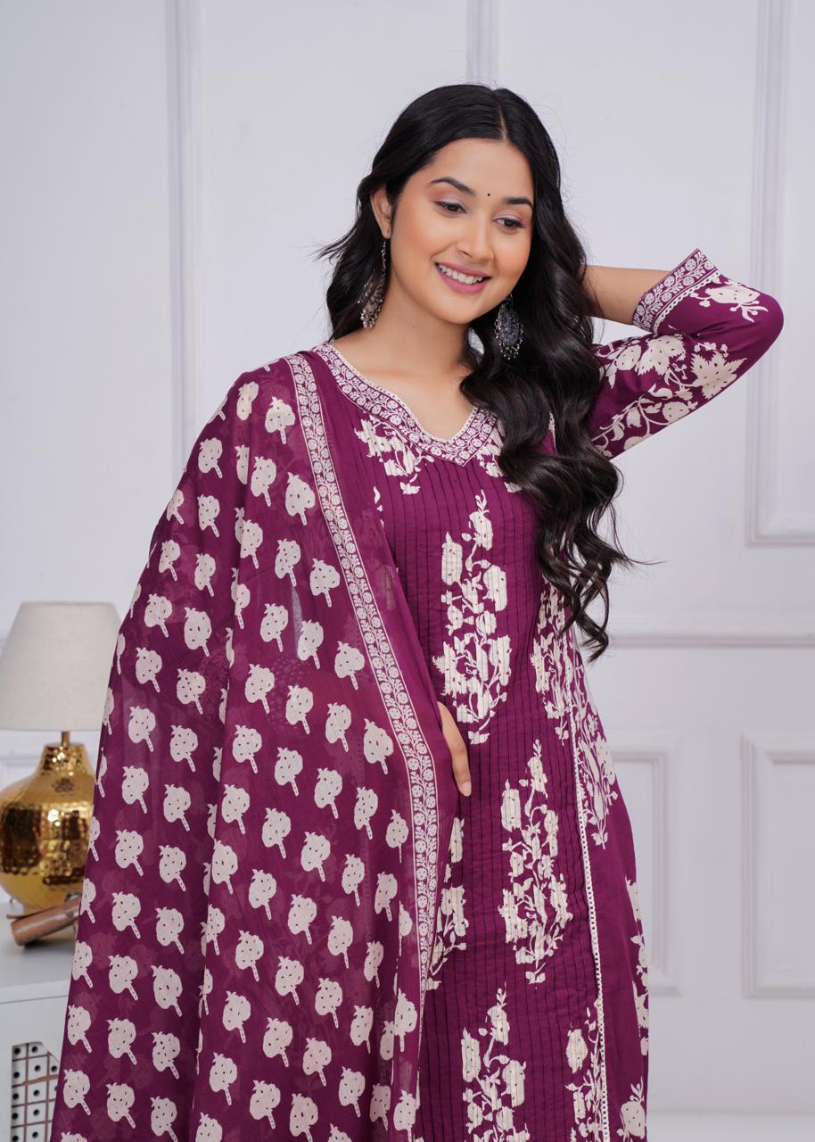 Wine Colour Printed Kurta Dupatta Pant Set