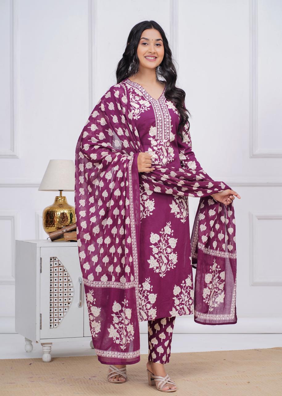 Wine Colour Printed Kurta Dupatta Pant Set