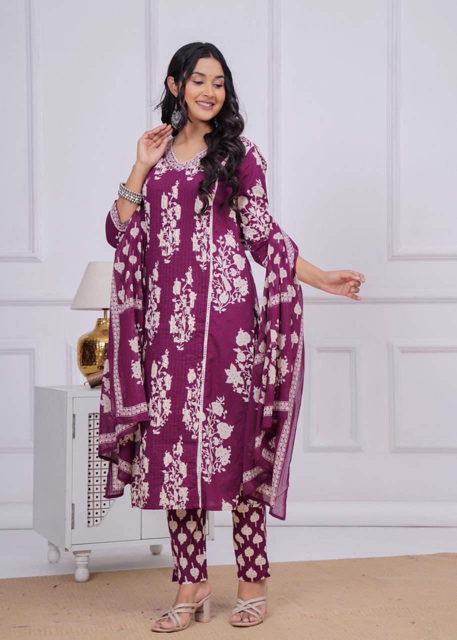 Wine Colour Printed Kurta Dupatta Pant Set