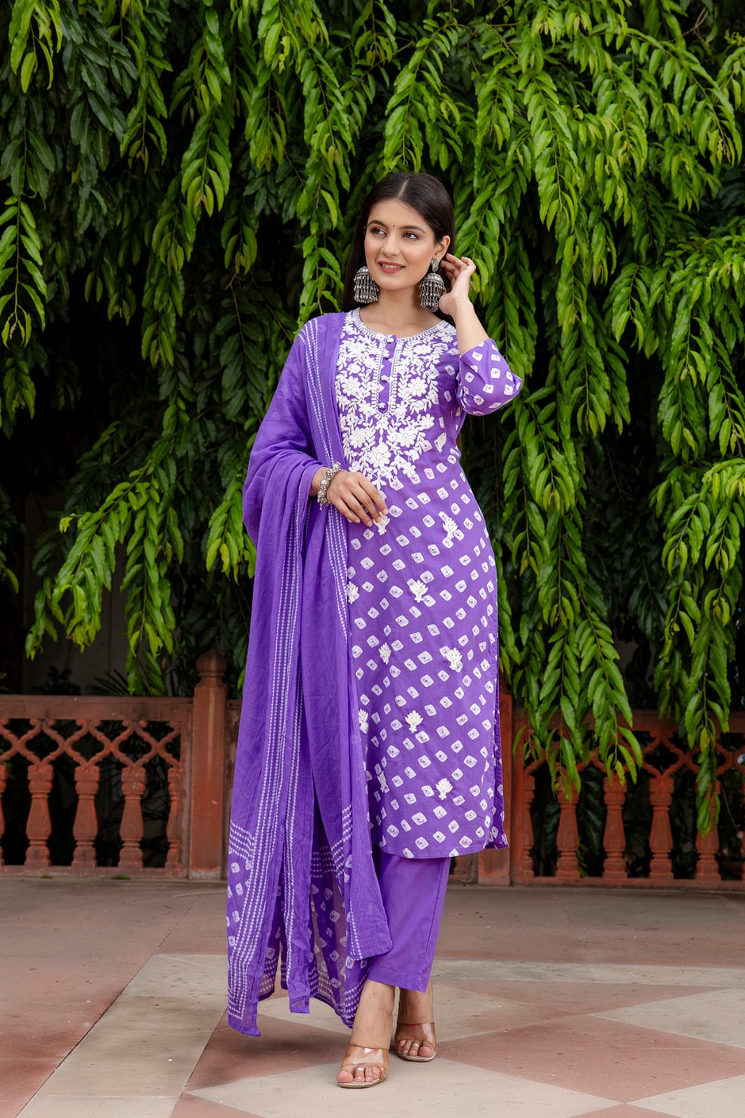 Lavendar and White Sibori Print Hand work Kurta Dupatta Pant set