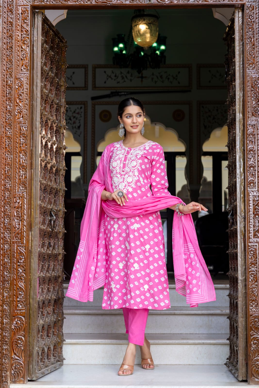 Pink and White Sibori Print Hand work Kurta Dupatta Pant set