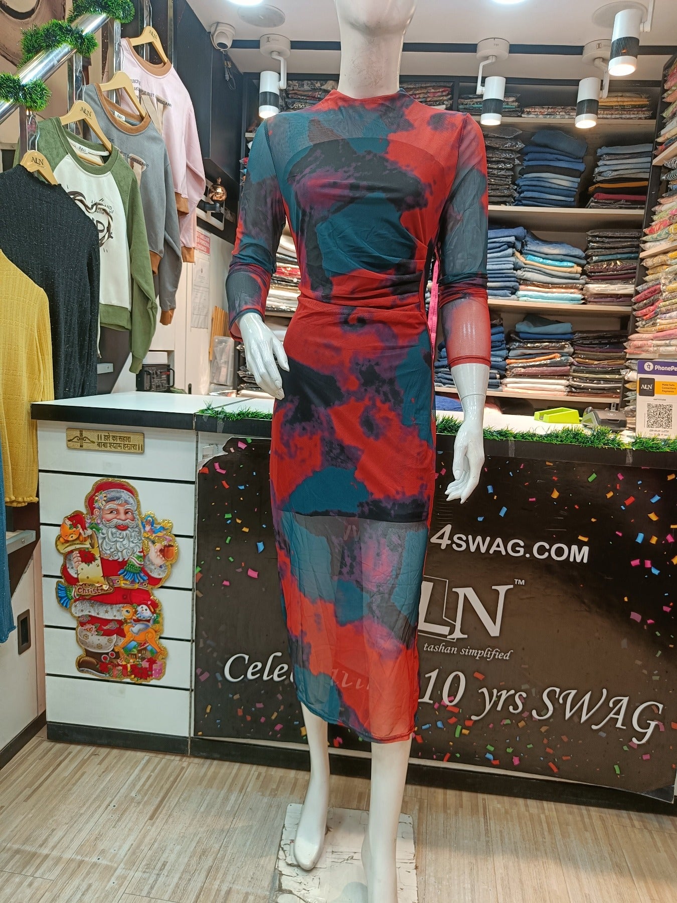 Printed Full Sleeves Body Con Maxi Length Dress