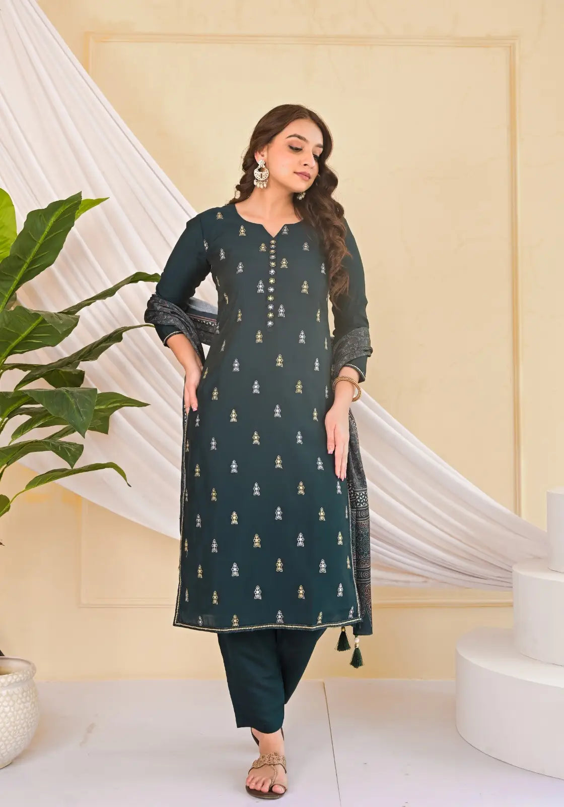 Dark Green silk Kurta Dupatta Pant set