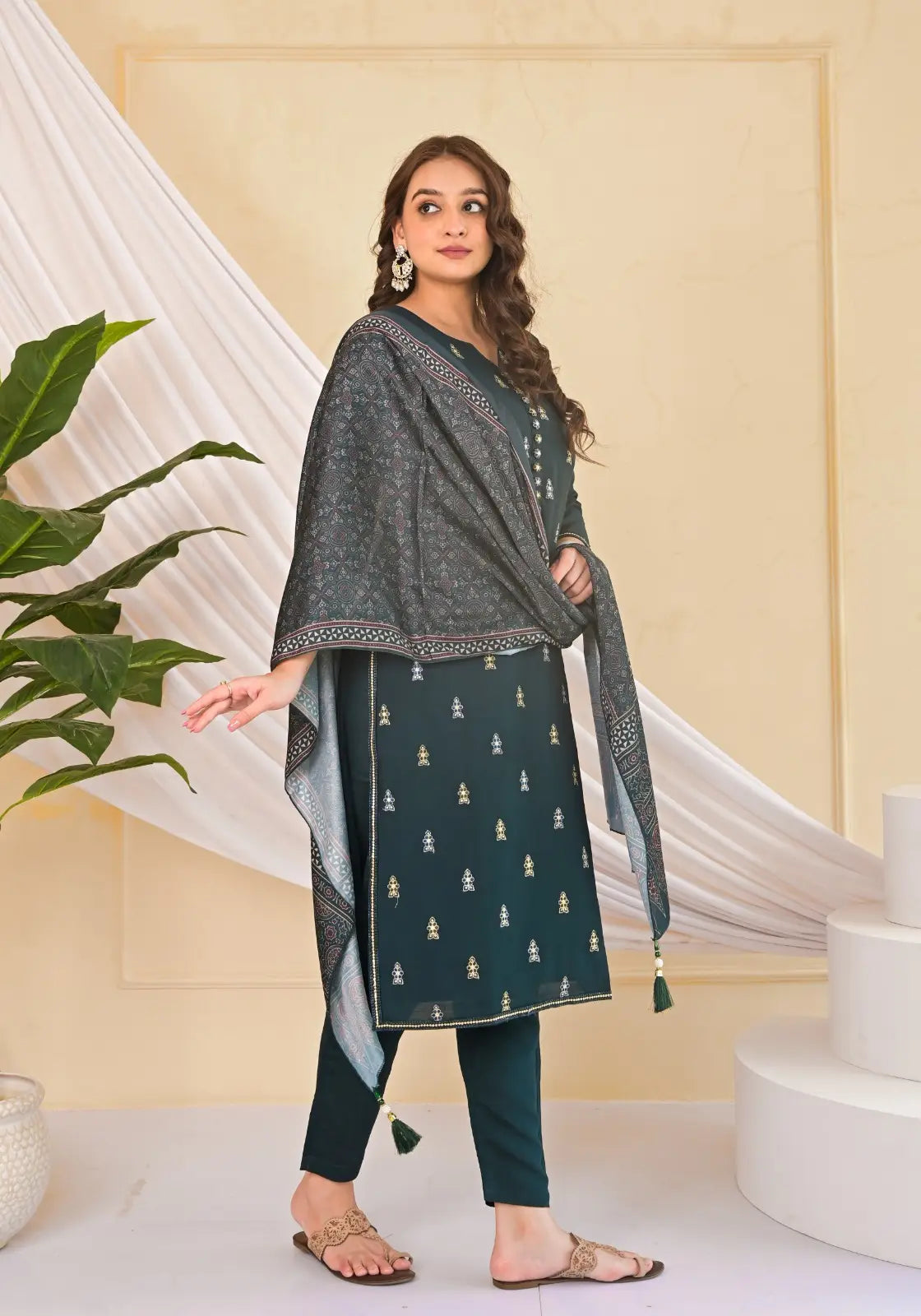 Dark Green silk Kurta Dupatta Pant set