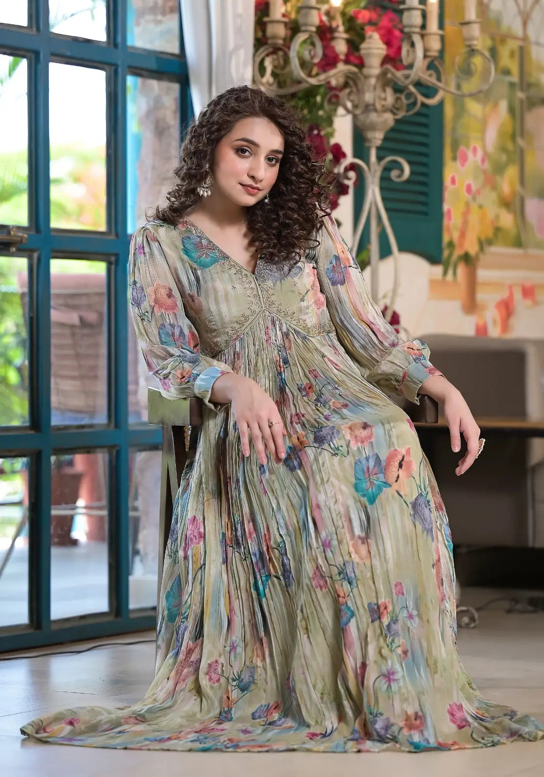 Sea Green Chinon Alia Cut Gown with Stole