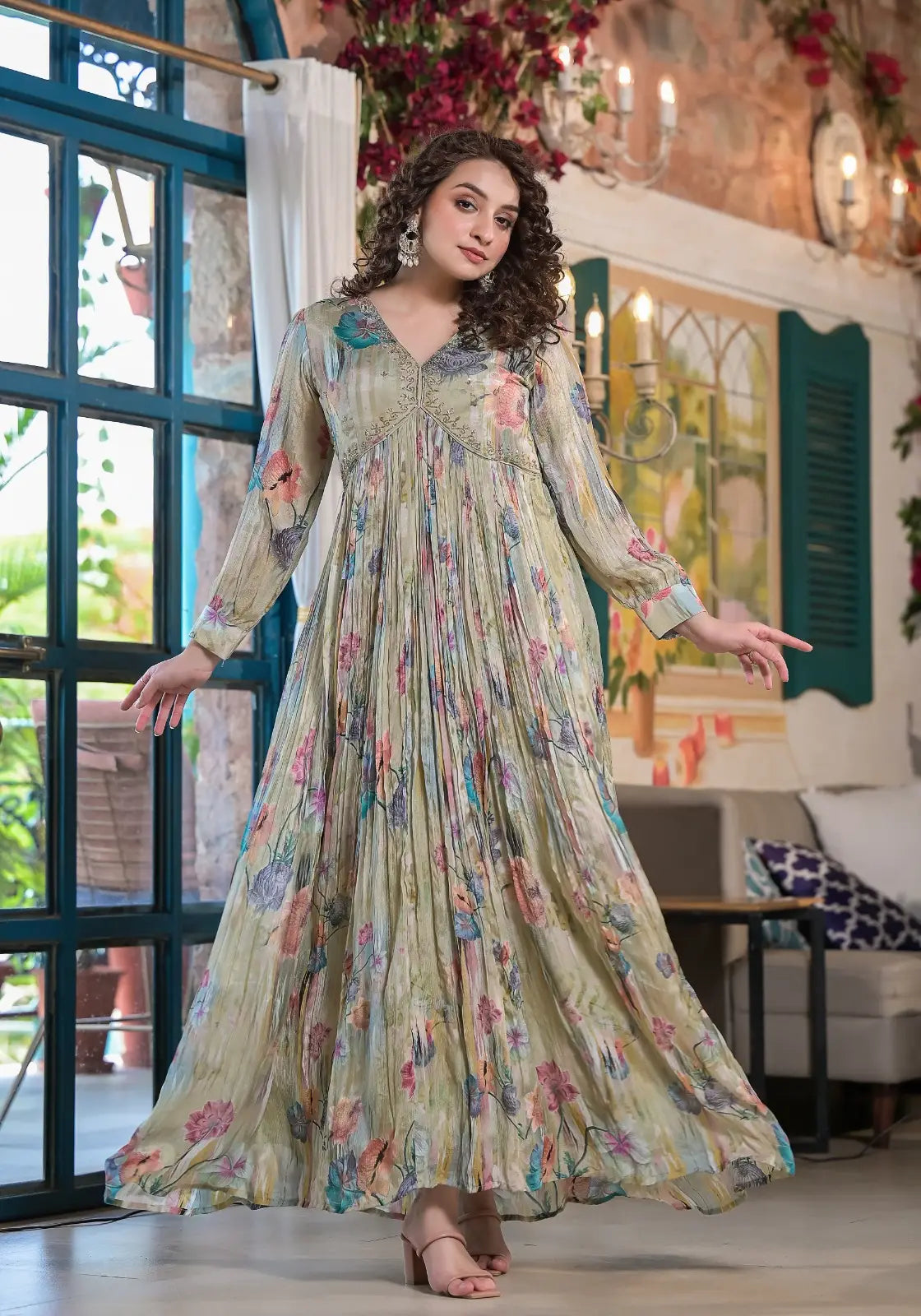 Sea Green Chinon Alia Cut Gown with Stole