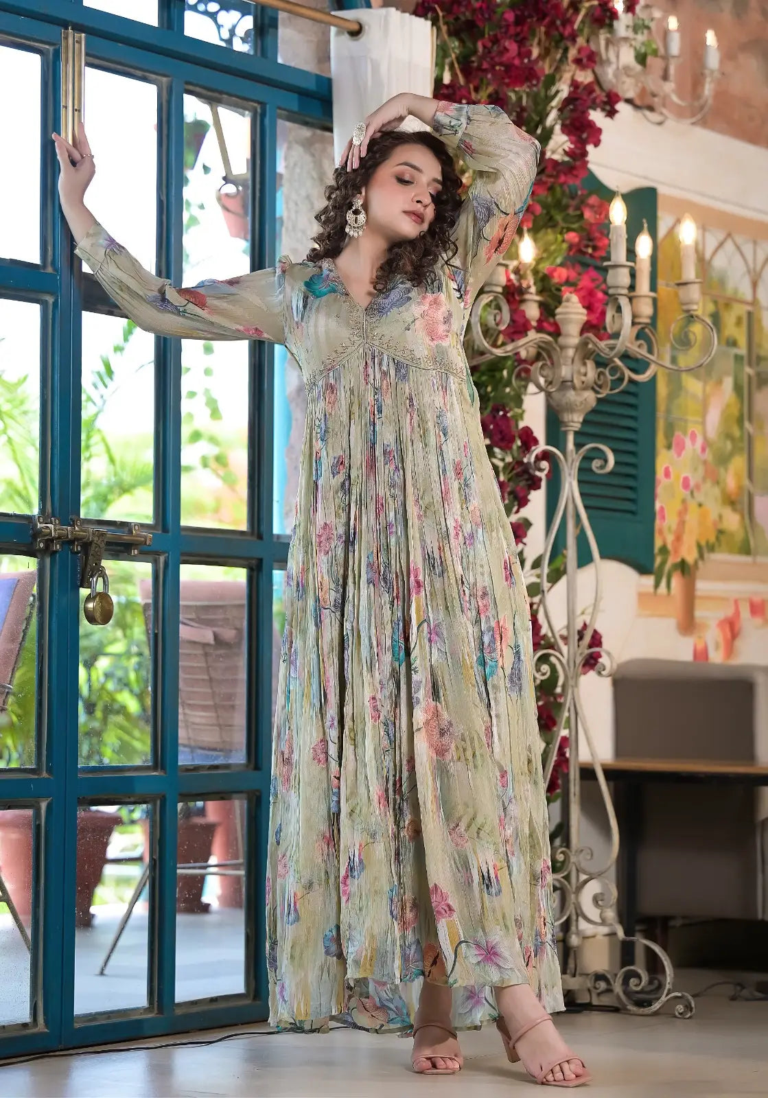 Sea Green Chinon Alia Cut Gown with Stole Full