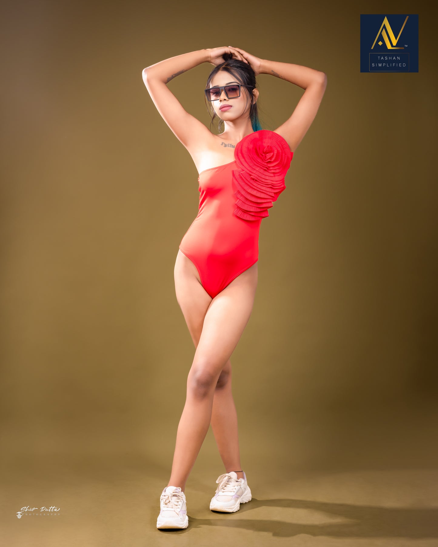 One Shoulder Red Monokini with 3D Pleated Flower