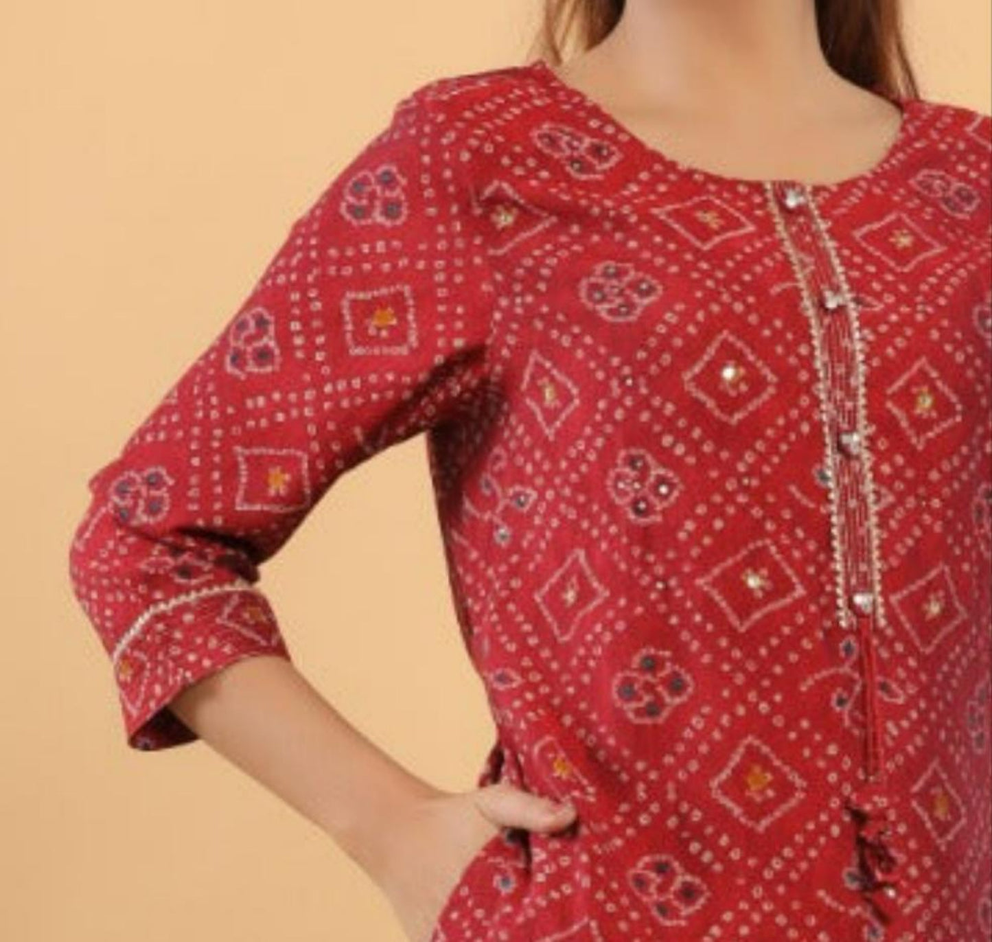 Red Muslin Bandhani Print Kurti