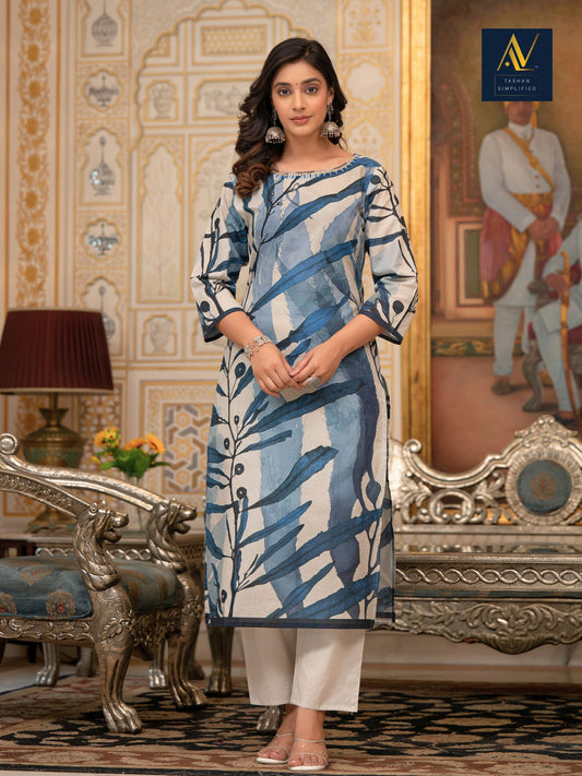 BLUE PRINTED COTTON KURTA PANT DUPATTA SET