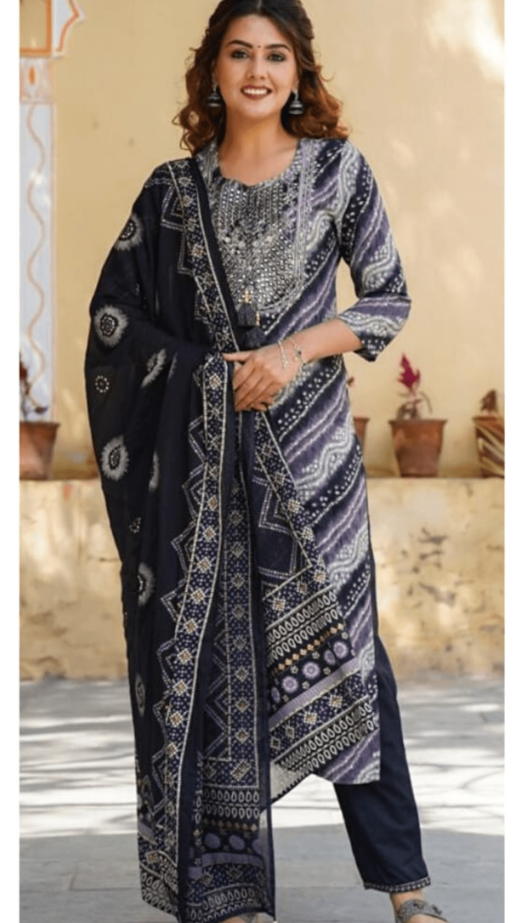 Blue Bandhej Print 3 pc Kurta Set