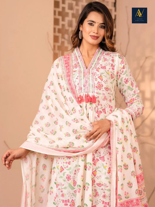 White Printed A Line Kurta Dupatta Pant Set