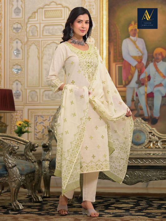 Cream Cotton Flex Printed Kurta Pant Dupatta Set