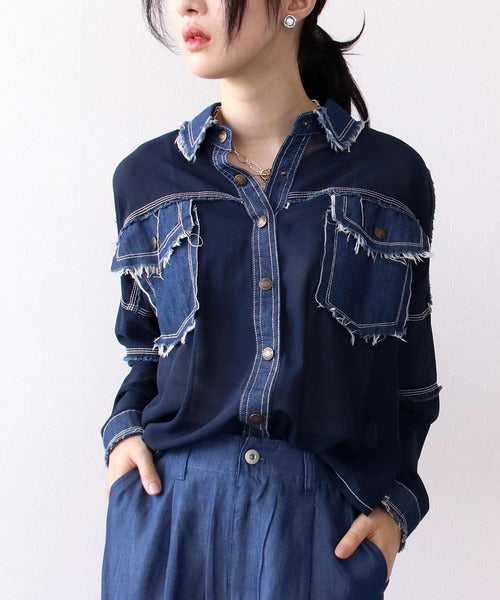 Denim Patch Work Chiffon Shirt