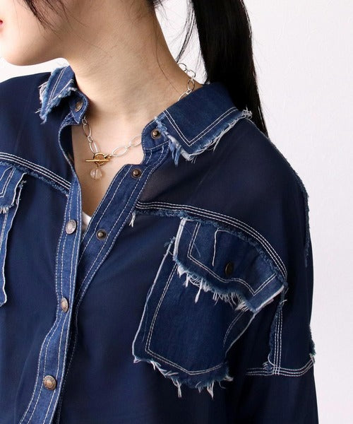 Denim Patch Work Chiffon Shirt