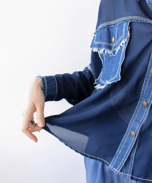 Denim Patch Work Chiffon Shirt