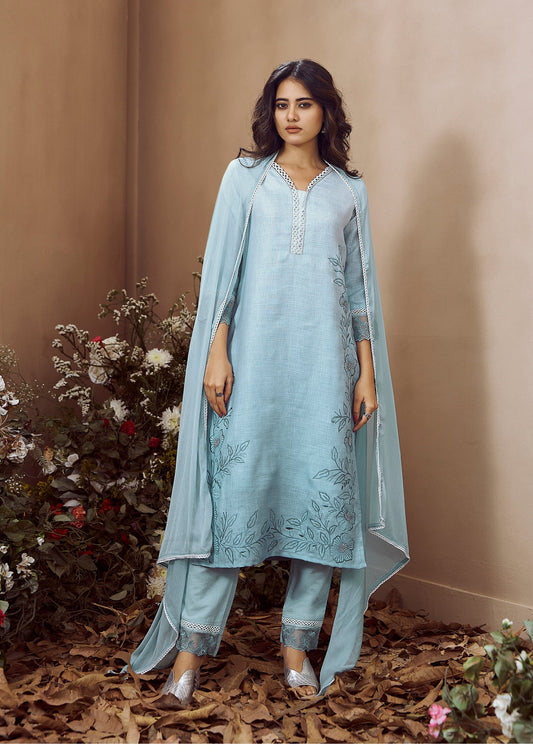 Blue Linen Kurta Dupatta Pant Set