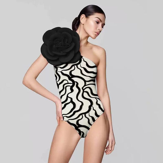 One Shoulder Printed 3D flower Monokini Swimsuit