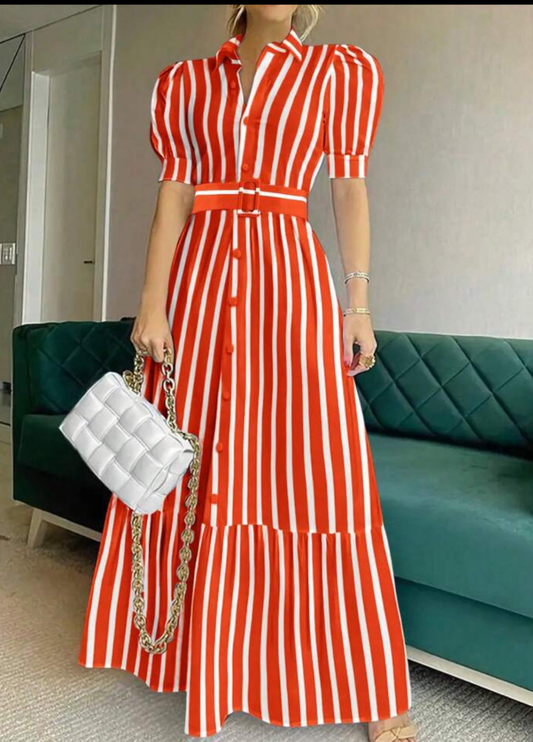 Striped Bubble Sleeve Belted Shirt Dress