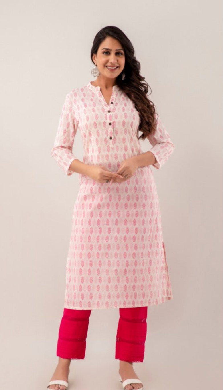 White kurta with Pink Print