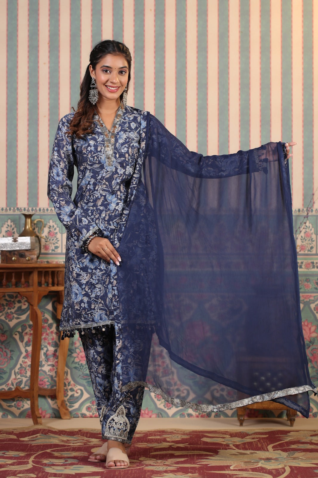 Blue Printed Muslin Kurta Pant Dupatta Set